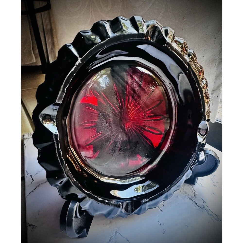 Vintage Ashtray Ruby Red Sunflower Bottom Ruffled Edge 6" Marked France 24